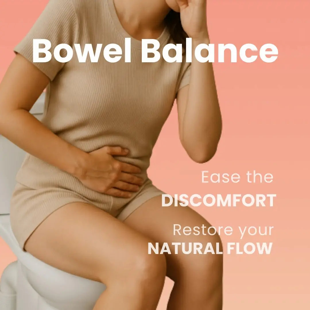 Person sitting on a toilet with text about bowel balance and discomfort relief on a pink background