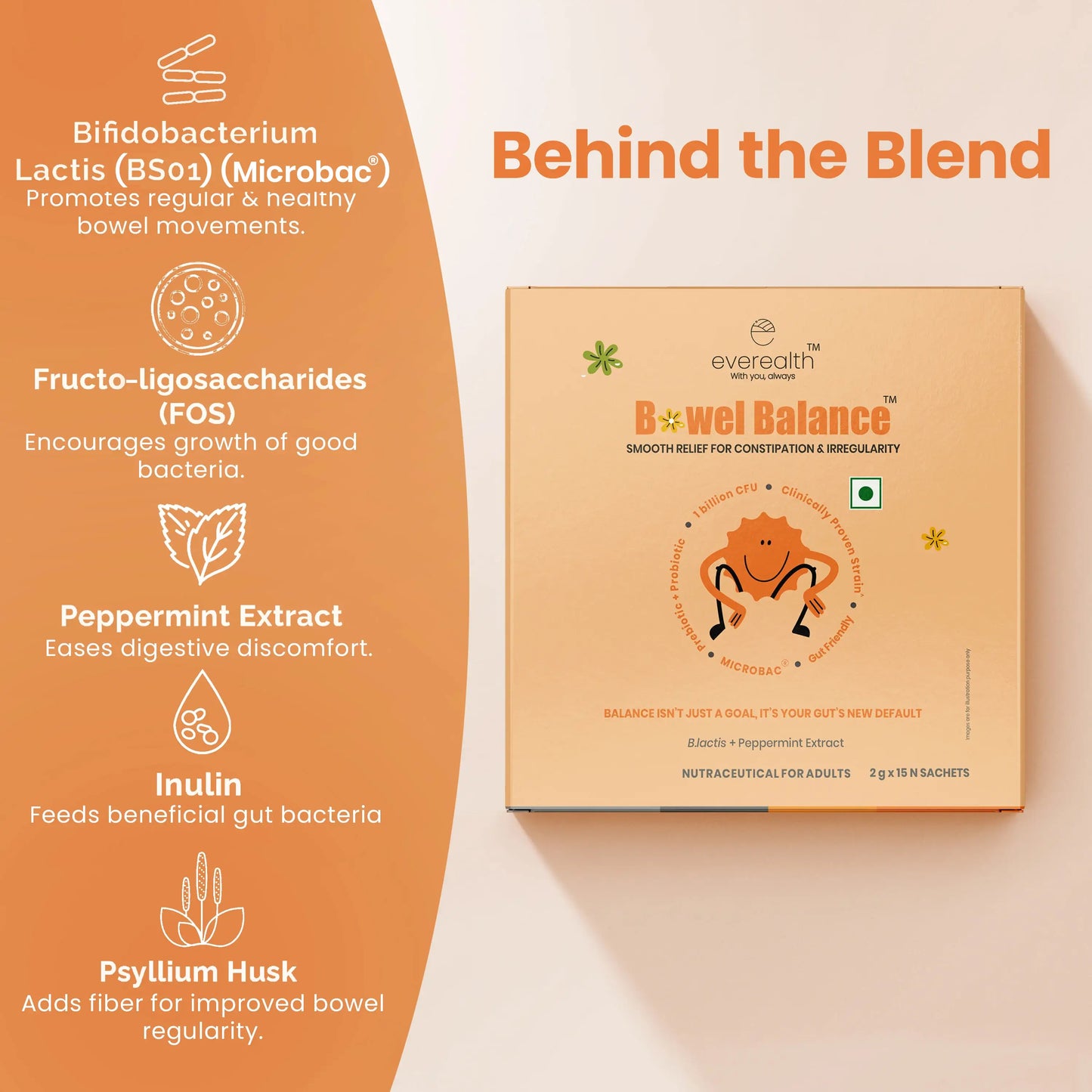 Evereith Bowel Balance packaging with ingredients listed on an orange background