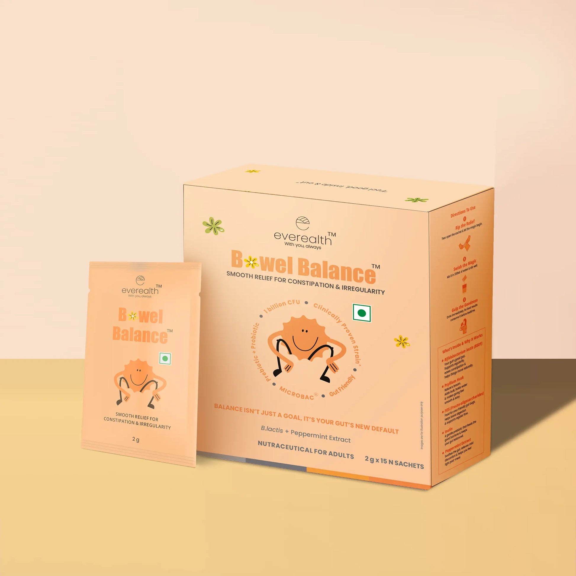 Everealth Bowel Balance packaging on a beige background