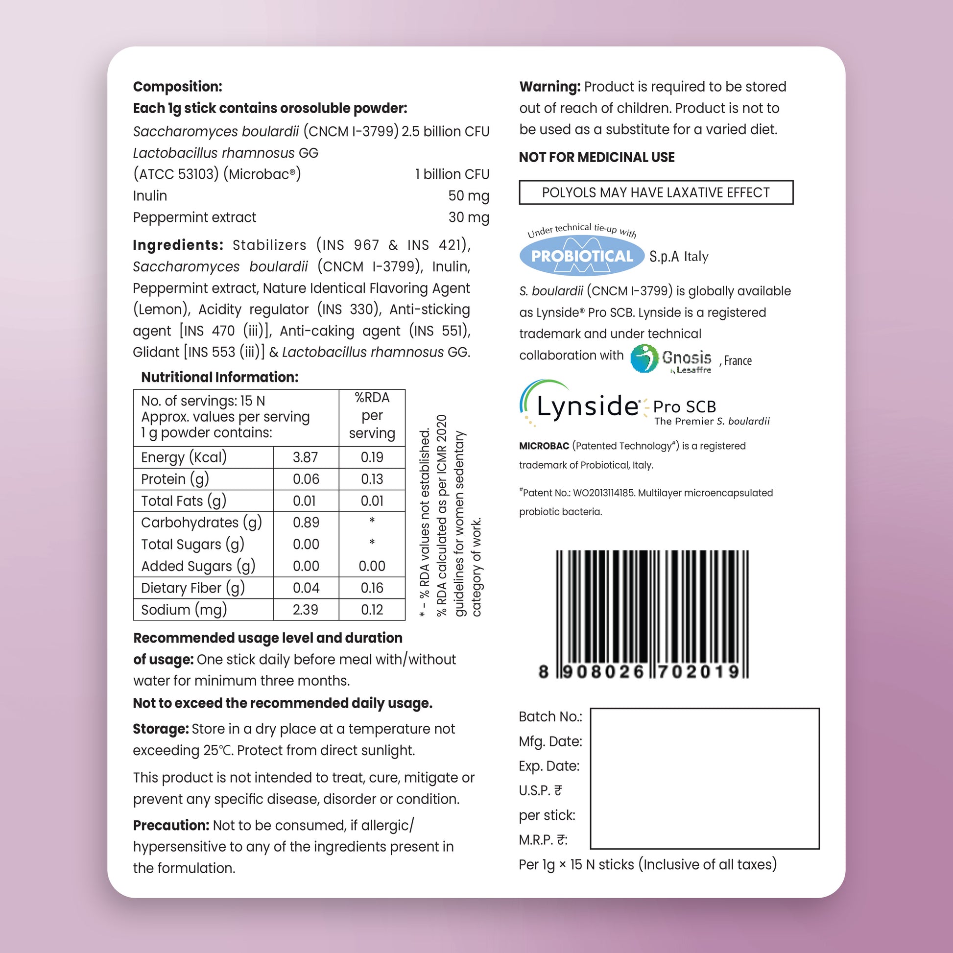 Nutritional information and ingredient list on De-Bloat Me supplement packaging